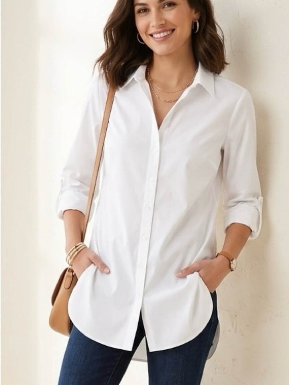 Chico's Crisp White No Iron Button Tunic Shirt Blouse- Classic Collar SZ 0